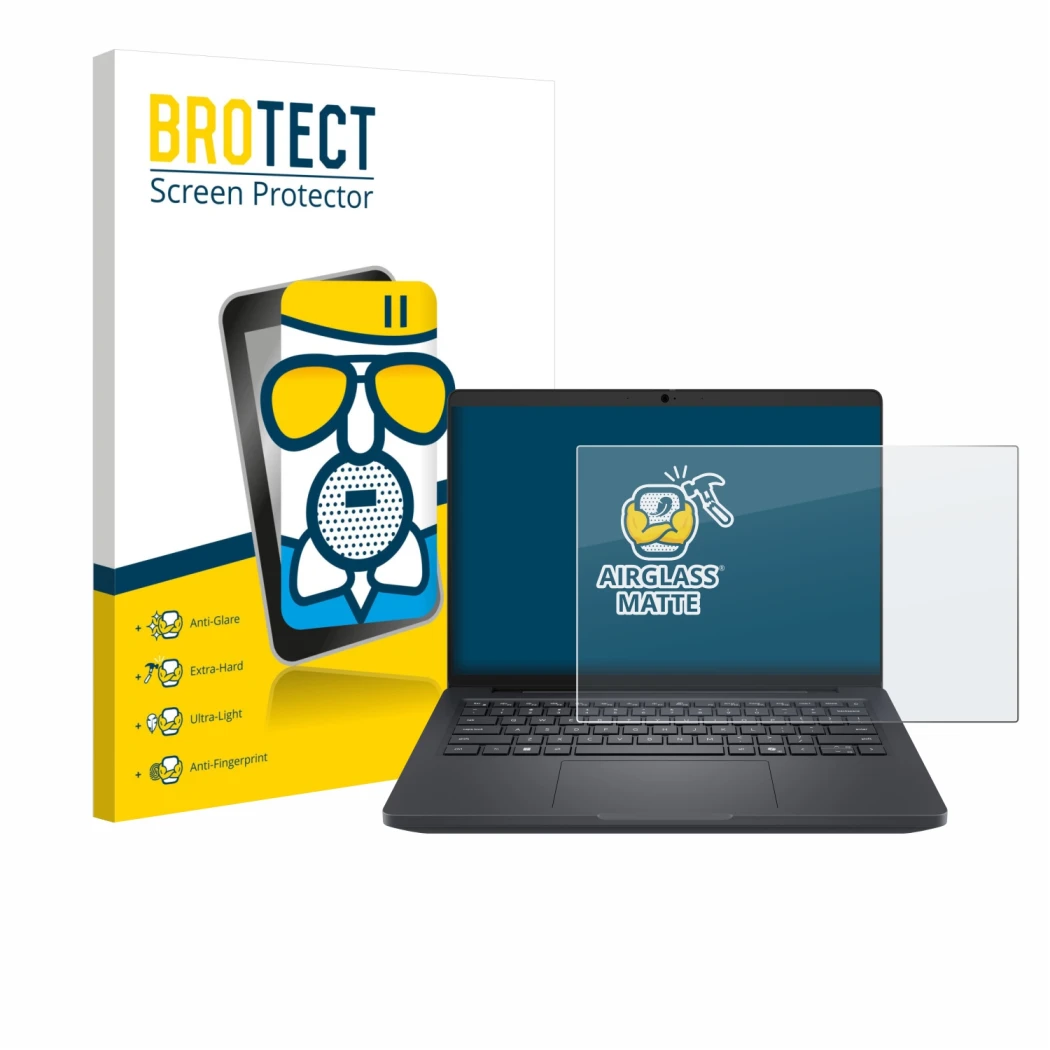 Face avant d’un emballage produit avec le logo de la marque BROTECT. À côté, l’appareil Dell Pro Max 14 est représenté avec la