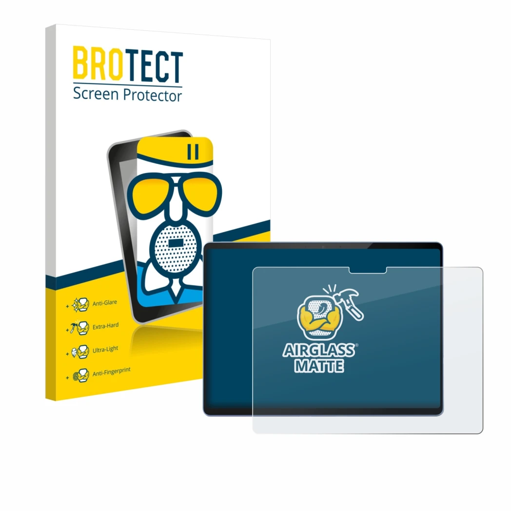 Face avant d’un emballage produit avec le logo de la marque BROTECT. À côté, l’appareil Microsoft Surface Pro 13 est représent