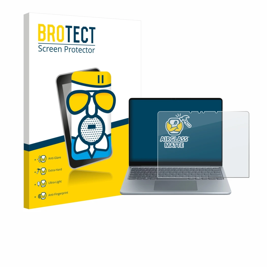 Face avant d’un emballage produit avec le logo de la marque BROTECT. À côté, l’appareil Microsoft Surface Laptop 13