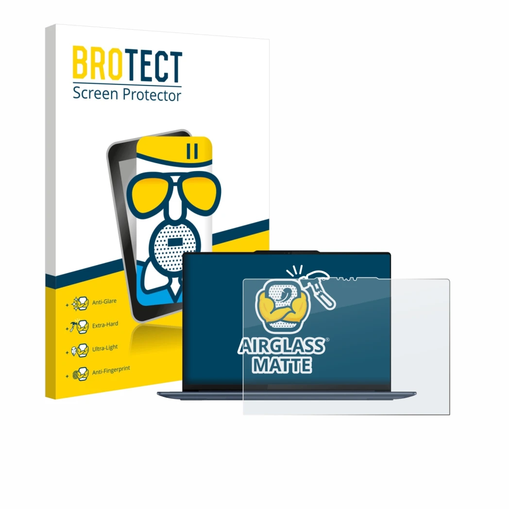 Face avant d’un emballage produit avec le logo de la marque BROTECT. À côté, l’appareil Lenovo Yoga Slim 7 14Q8X9 est représen