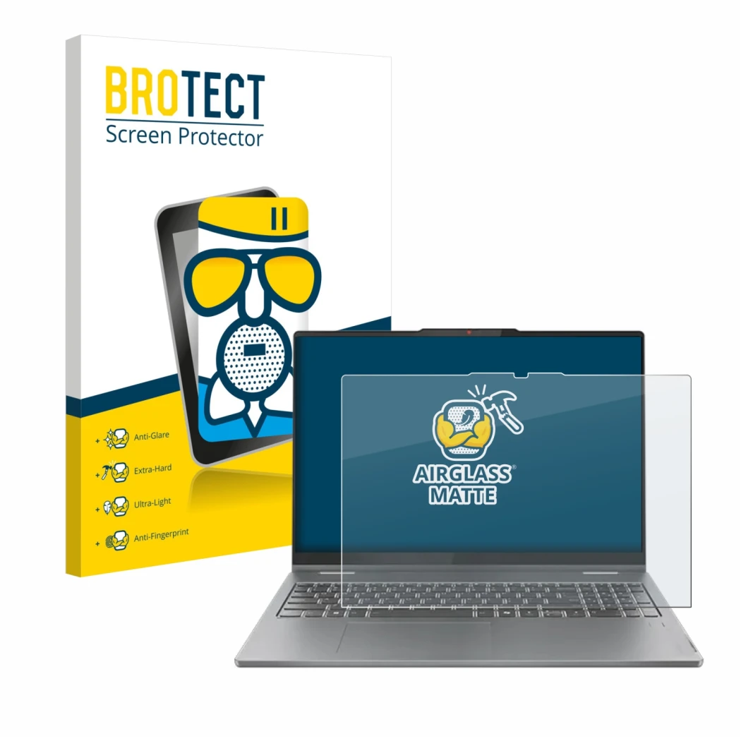 Face avant d’un emballage produit avec le logo de la marque BROTECT. À côté, l’appareil Lenovo IdeaPad 5 2-in-1 Gen 10 16