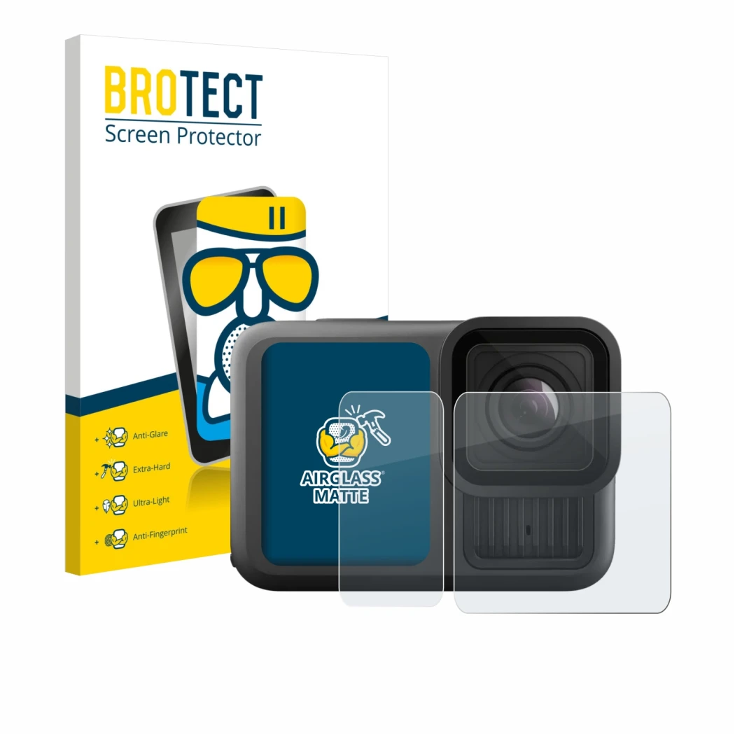 Face avant d’un emballage produit avec le logo de la marque BROTECT. À côté, l’appareil GoPro Hero 13 Black Ultra Wide Edition