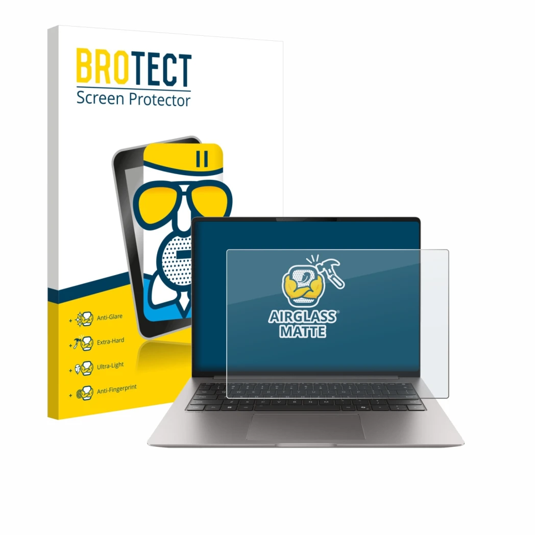 Face avant d’un emballage produit avec le logo de la marque BROTECT. À côté, l’appareil Honor MagicBook Pro 14 est représenté 