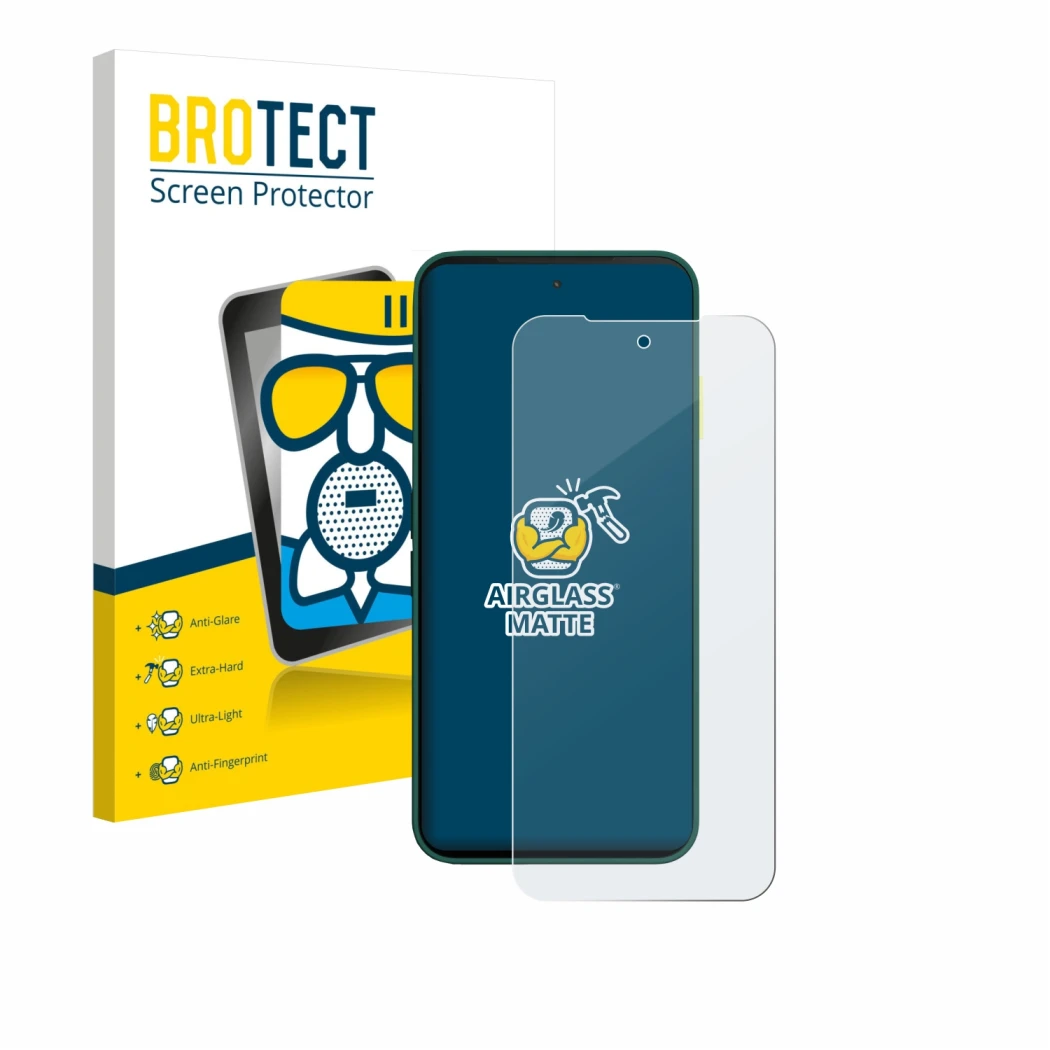 Face avant d’un emballage produit avec le logo de la marque BROTECT. À côté, l’appareil Fairphone 6 est représenté avec la pro