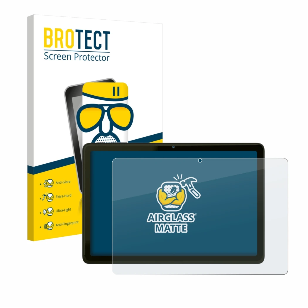 Face avant d’un emballage produit avec le logo de la marque BROTECT. À côté, l’appareil VALE Tablet V10A est représenté avec l