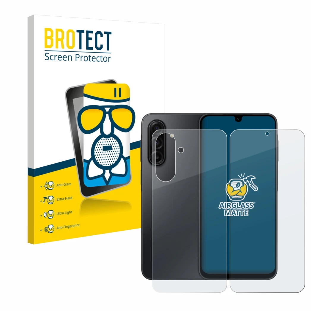 Face avant d’un emballage produit avec le logo de la marque BROTECT. À côté, l’appareil Samsung Galaxy A17 5G (Avant+Arrière) 