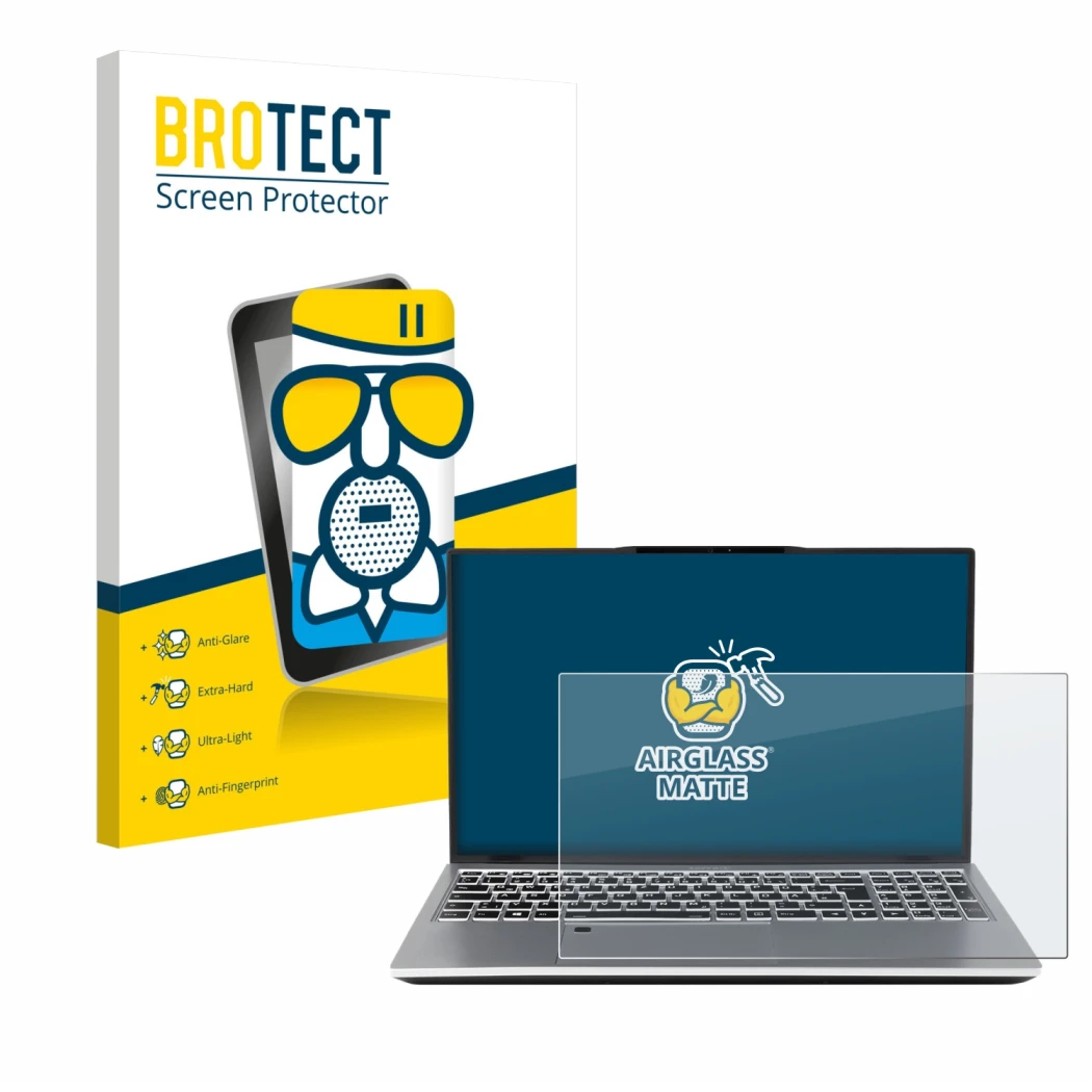 Face avant d’un emballage produit avec le logo de la marque BROTECT. À côté, l’appareil terra Mobile 1551R i7 1355U W11P est r