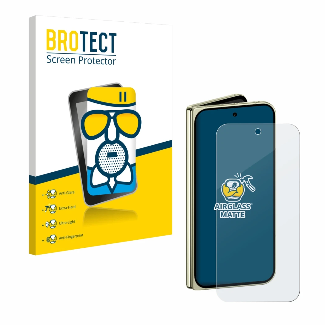 Face avant d’un emballage produit avec le logo de la marque BROTECT. À côté, l’appareil Google Pixel 10 Pro Fold est représent