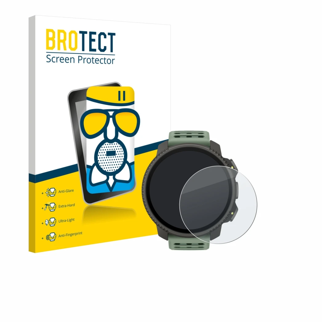 Face avant d’un emballage produit avec le logo de la marque BROTECT. À côté, l’appareil Suunto Vertical 2 est représenté avec 