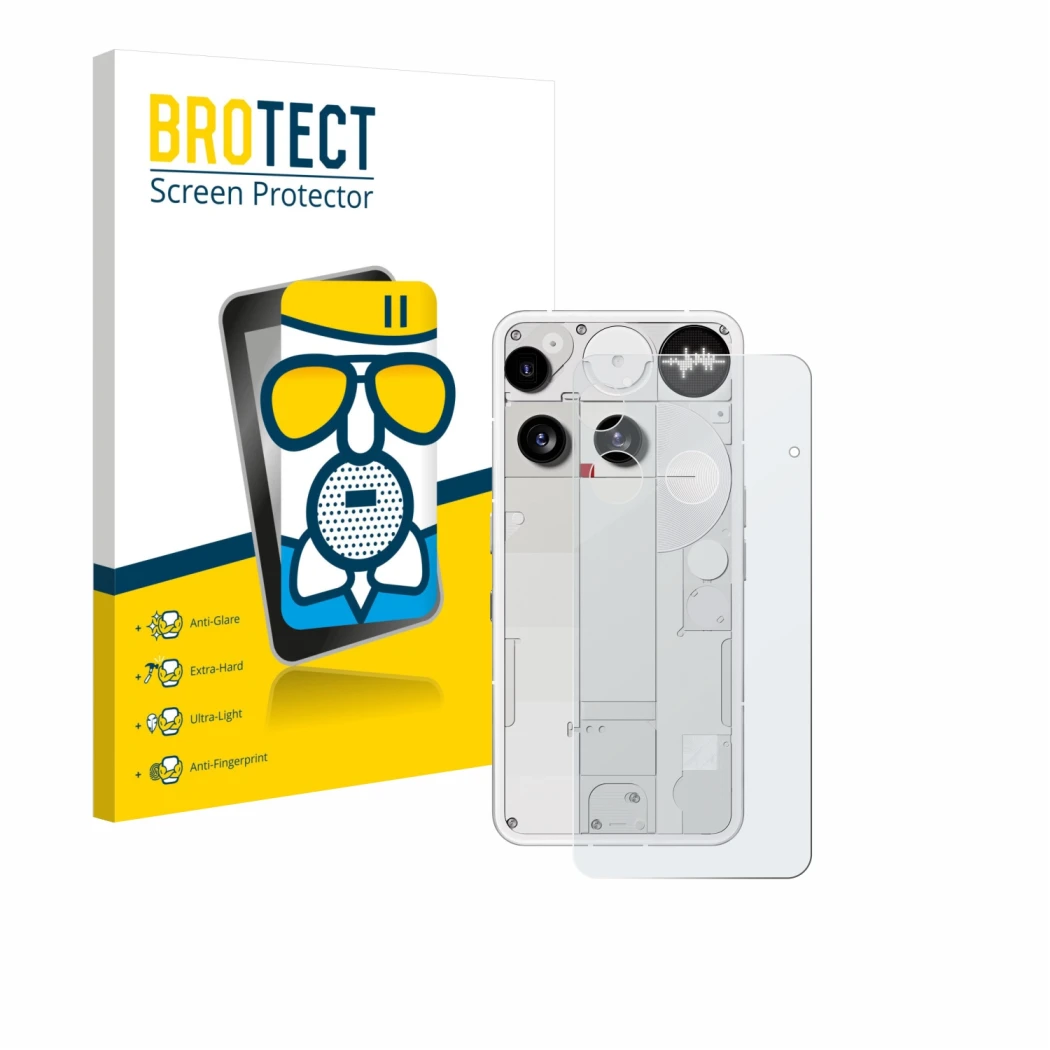 Face avant d’un emballage produit avec le logo de la marque BROTECT. À côté, l’appareil Nothing Phone (3) (Arrière) est représ