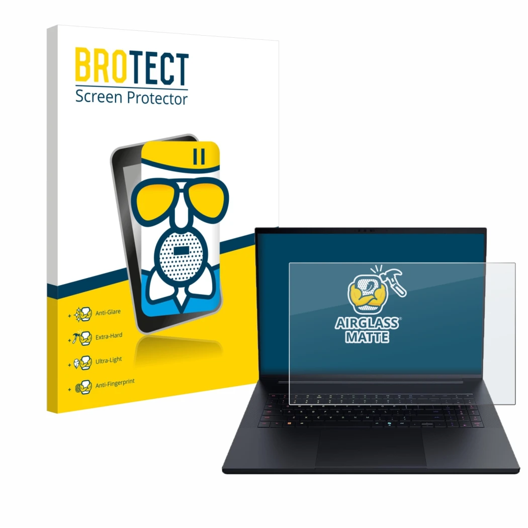 Face avant d’un emballage produit avec le logo de la marque BROTECT. À côté, l’appareil Razer Blade 18 2025 est représenté ave