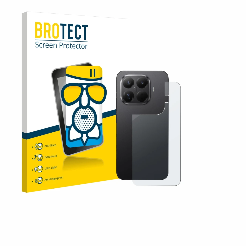 Face avant d’un emballage produit avec le logo de la marque BROTECT. À côté, l’appareil Xiaomi 15T Pro (Arrière) est représent