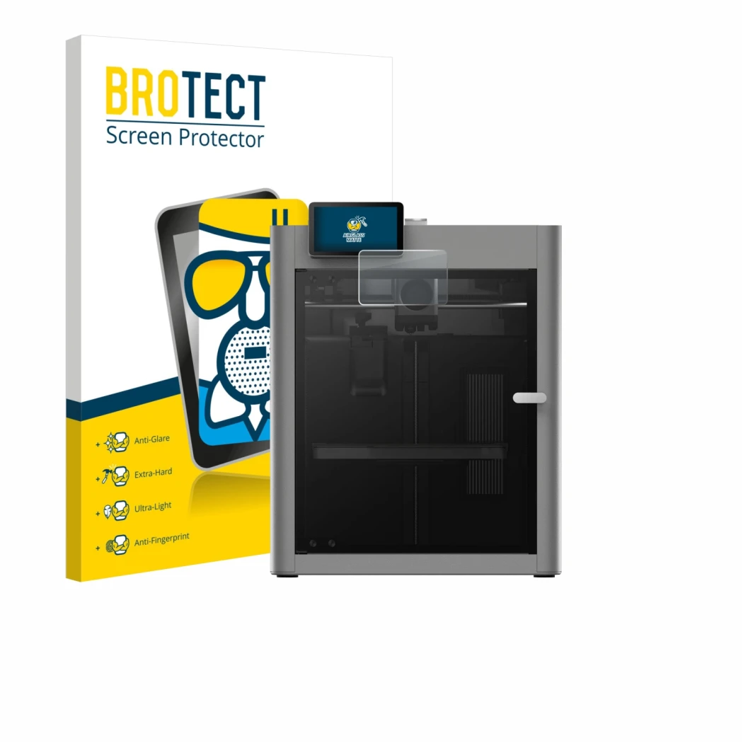 Face avant d’un emballage produit avec le logo de la marque BROTECT. À côté, l’appareil Bambu Lab P2S 3D Printer est représent