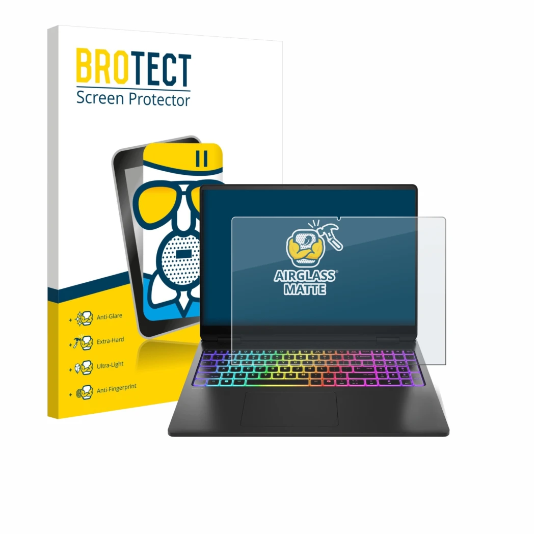 Face avant d’un emballage produit avec le logo de la marque BROTECT. À côté, l’appareil HP Omen Max 16 est représenté avec la 