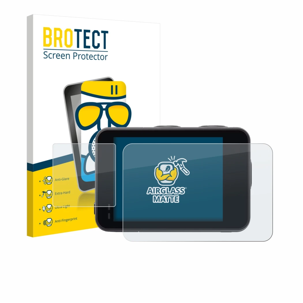 Face avant d’un emballage produit avec le logo de la marque BROTECT. À côté, l’appareil Akaso Brave 7 est représenté avec la p