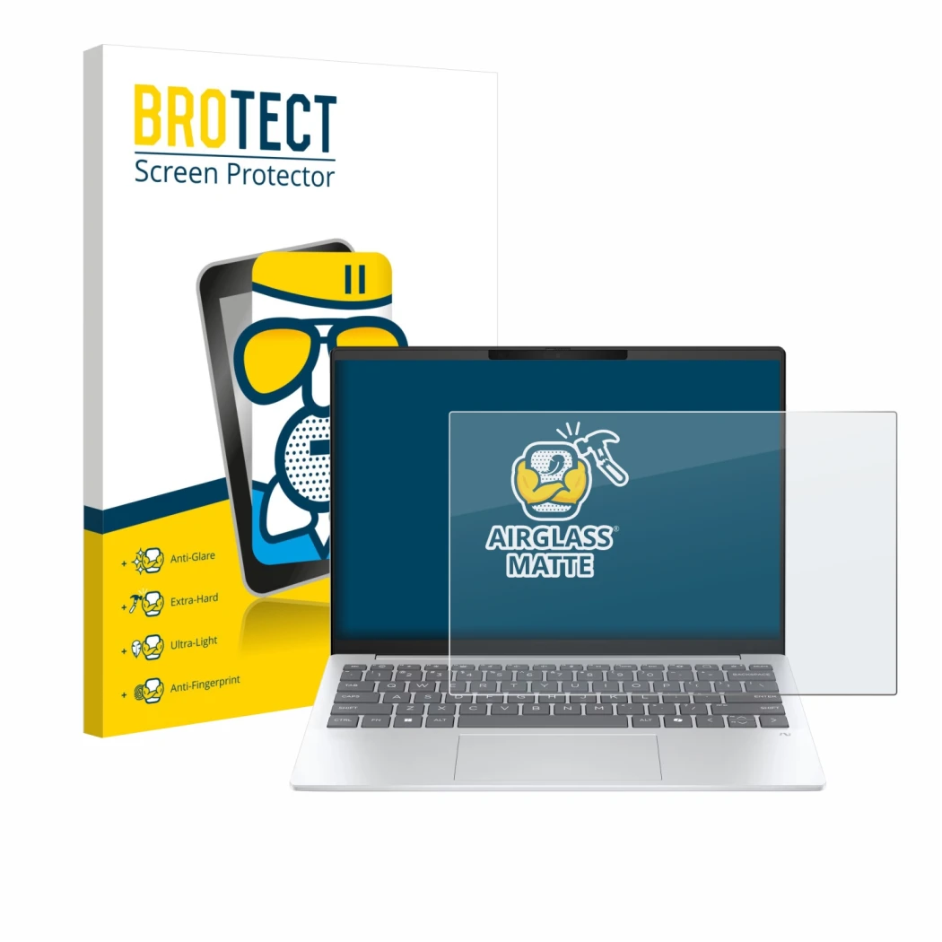 Face avant d’un emballage produit avec le logo de la marque BROTECT. À côté, l’appareil HP OmniBook 7 Aero 13 est représenté a