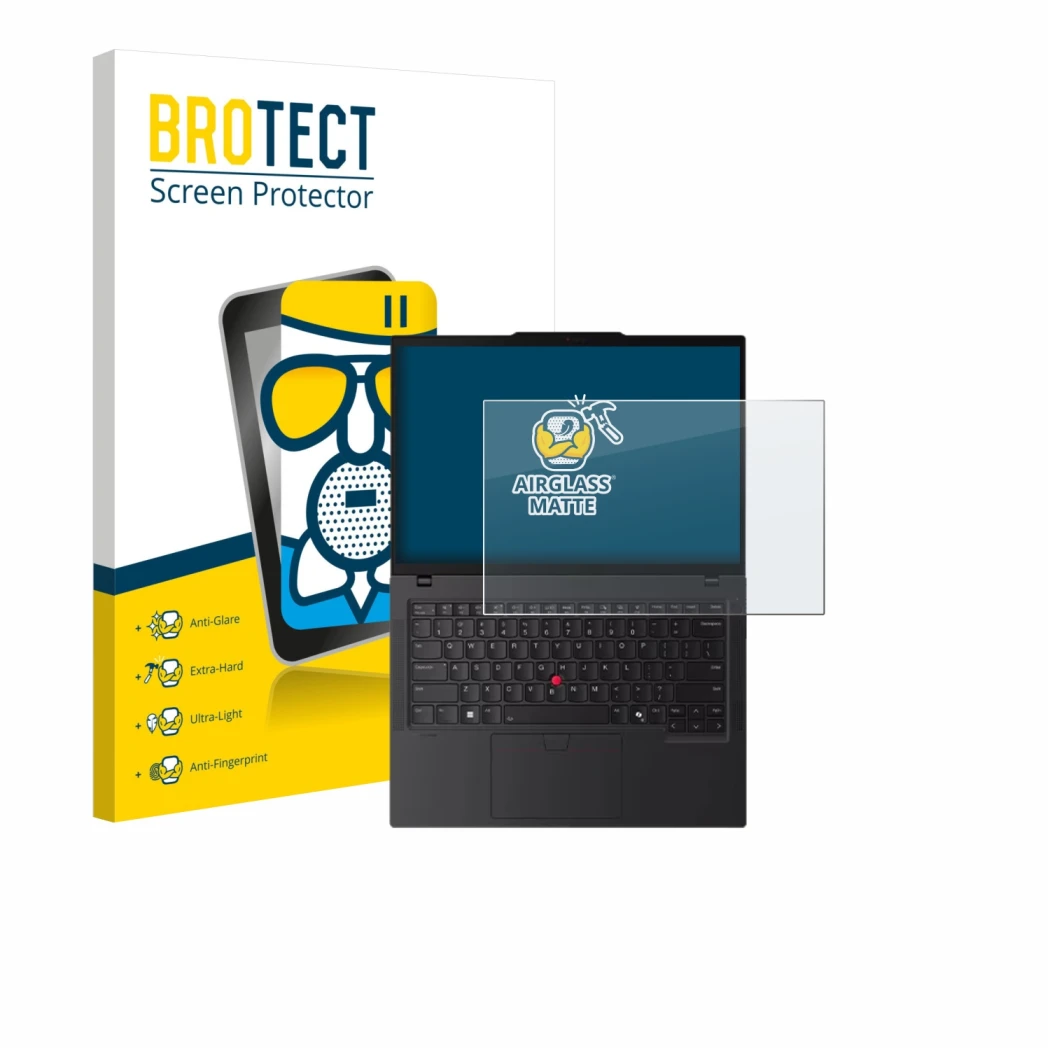 Face avant d’un emballage produit avec le logo de la marque BROTECT. À côté, l’appareil Lenovo ThinkPad P14s Gen 6 14.5