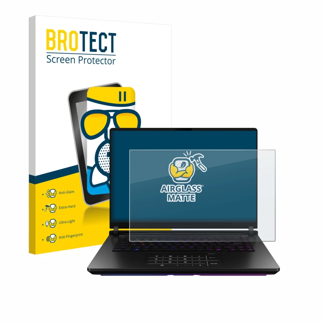 Face avant d’un emballage produit avec le logo de la marque BROTECT. À côté, l’appareil ASUS ROG Strix SCAR 18 2025 est représ