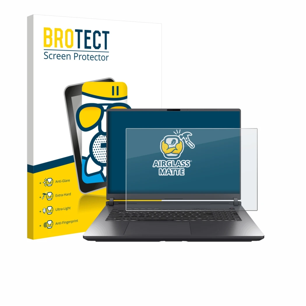 Face avant d’un emballage produit avec le logo de la marque BROTECT. À côté, l’appareil ASUS ROG Strix G18 G815 2025 est repré