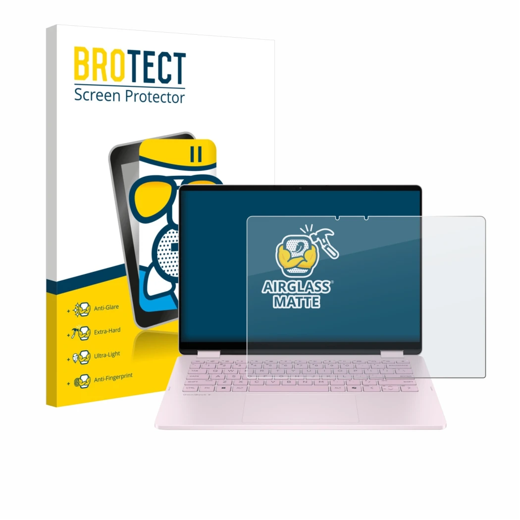 Face avant d’un emballage produit avec le logo de la marque BROTECT. À côté, l’appareil HP OmniBook 5 Flip 14 14-fp0153ng est 