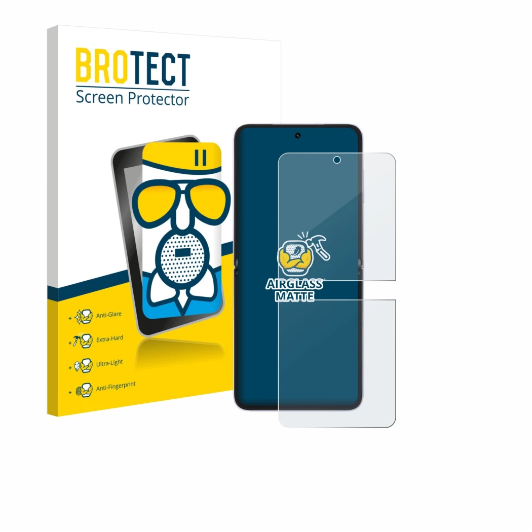 Face avant d’un emballage produit avec le logo de la marque BROTECT. À côté, l’appareil Honor Magic V Flip 2 est représenté av