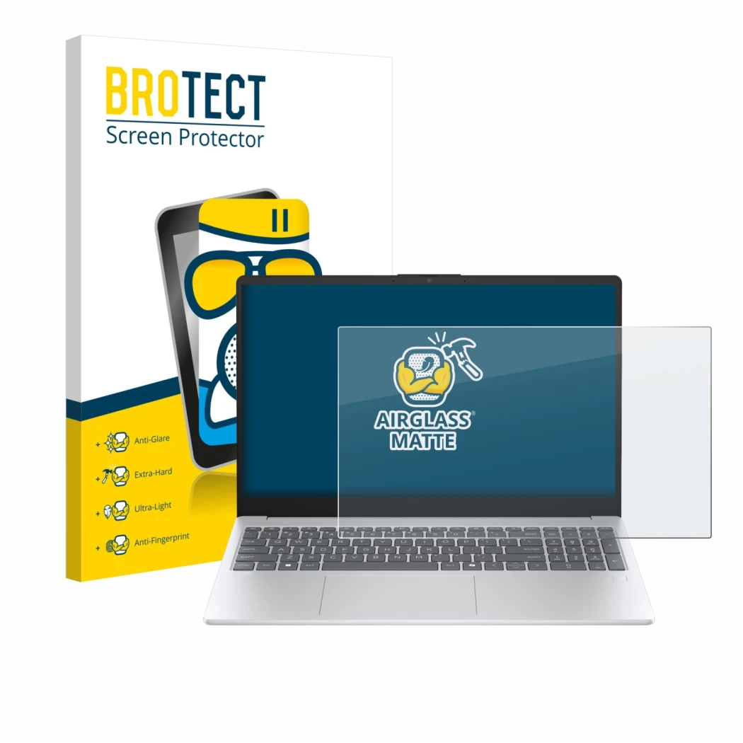 Face avant d’un emballage produit avec le logo de la marque BROTECT. À côté, l’appareil HP OmniBook 3 14