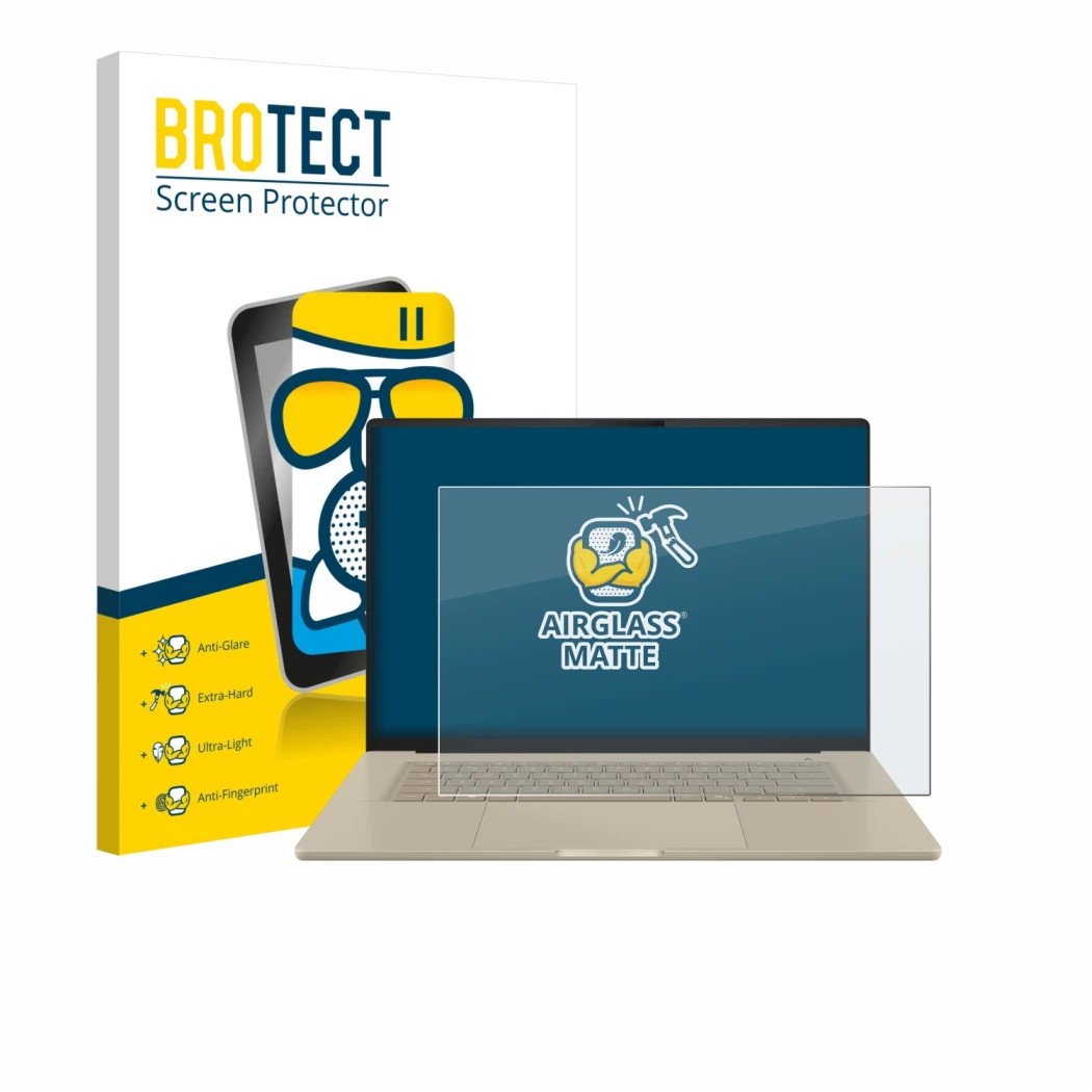 Face avant d’un emballage produit avec le logo de la marque BROTECT. À côté, l’appareil ASUS ZenBook A16 UX3607 est représenté