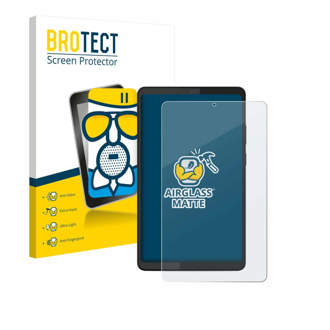 Face avant d’un emballage produit avec le logo de la marque BROTECT. À côté, l’appareil Lenovo Tab K9 est représenté avec la p