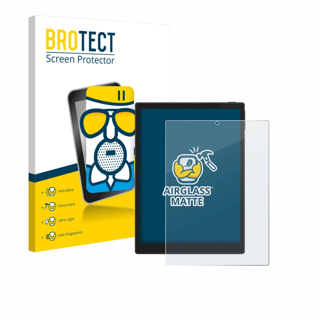 Face avant d’un emballage produit avec le logo de la marque BROTECT. À côté, l’appareil Hannspree Lumo 7.8 est représenté avec