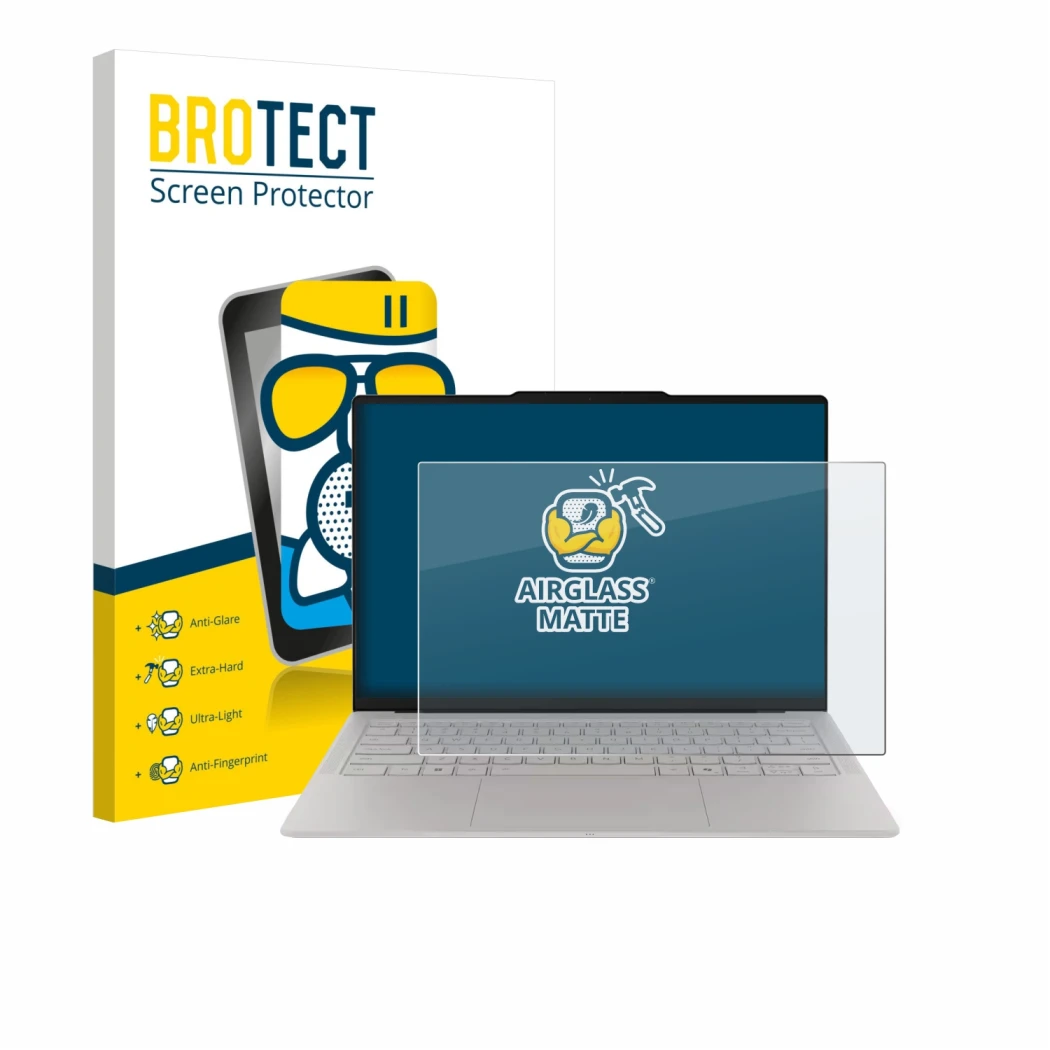 Face avant d’un emballage produit avec le logo de la marque BROTECT. À côté, l’appareil Lenovo Yoga Slim 7i Ultra Gen 11 Aura