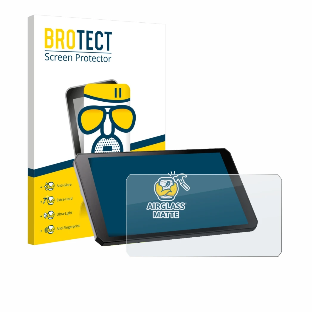 Face avant d’un emballage produit avec le logo de la marque BROTECT. À côté, l’appareil RiderNav R7M est représenté avec la pr