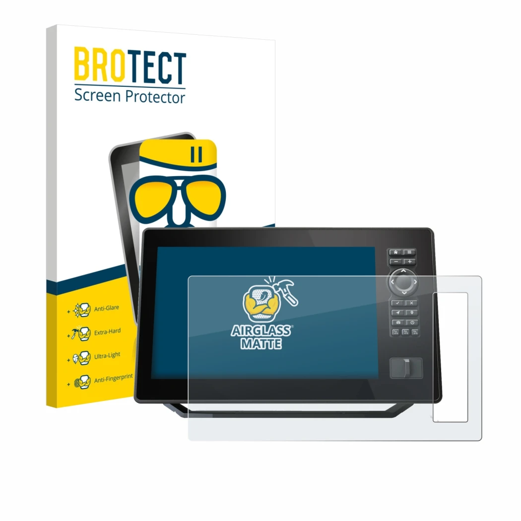 Face avant d’un emballage produit avec le logo de la marque BROTECT. À côté, l’appareil Humminbird Xplore 9 est représenté ave