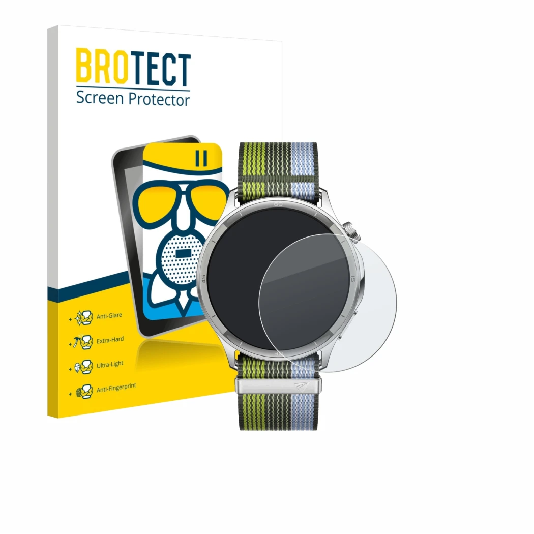 Face avant d’un emballage produit avec le logo de la marque BROTECT. À côté, l’appareil Oppo Watch S est représenté avec la pr