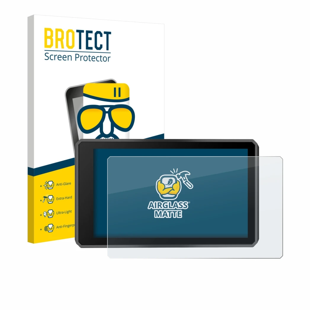 Face avant d’un emballage produit avec le logo de la marque BROTECT. À côté, l’appareil Garmin zumo XT3 4.7