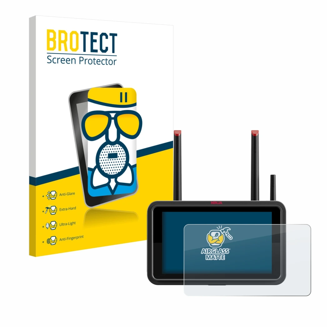 Face avant d’un emballage produit avec le logo de la marque BROTECT. À côté, l’appareil Atomos Ninja TX est représenté avec la