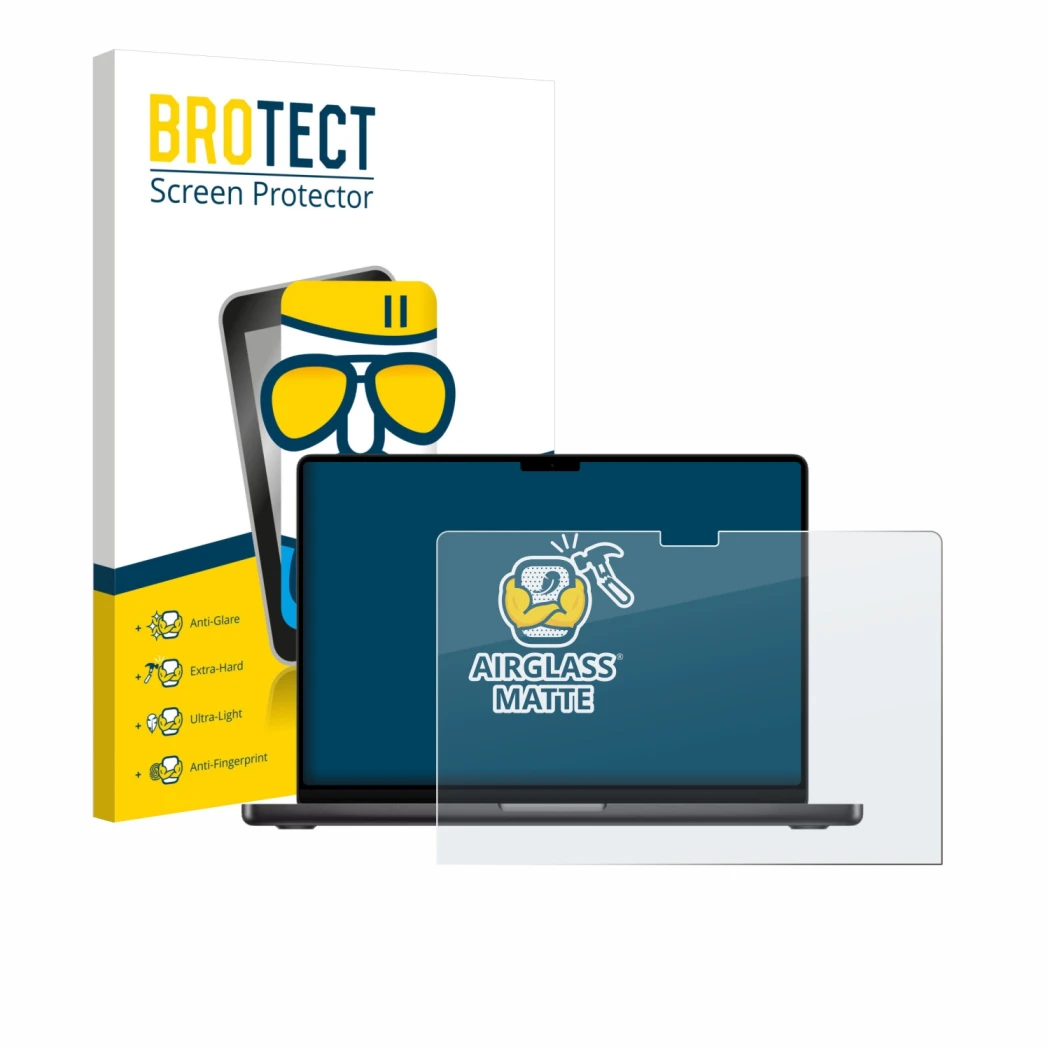 Face avant d’un emballage produit avec le logo de la marque BROTECT. À côté, l’appareil Apple MacBook Pro 14