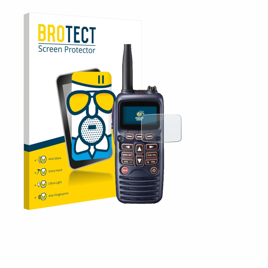 Face avant d’un emballage produit avec le logo de la marque BROTECT. À côté, l’appareil Standard Horizon HX320E est représenté