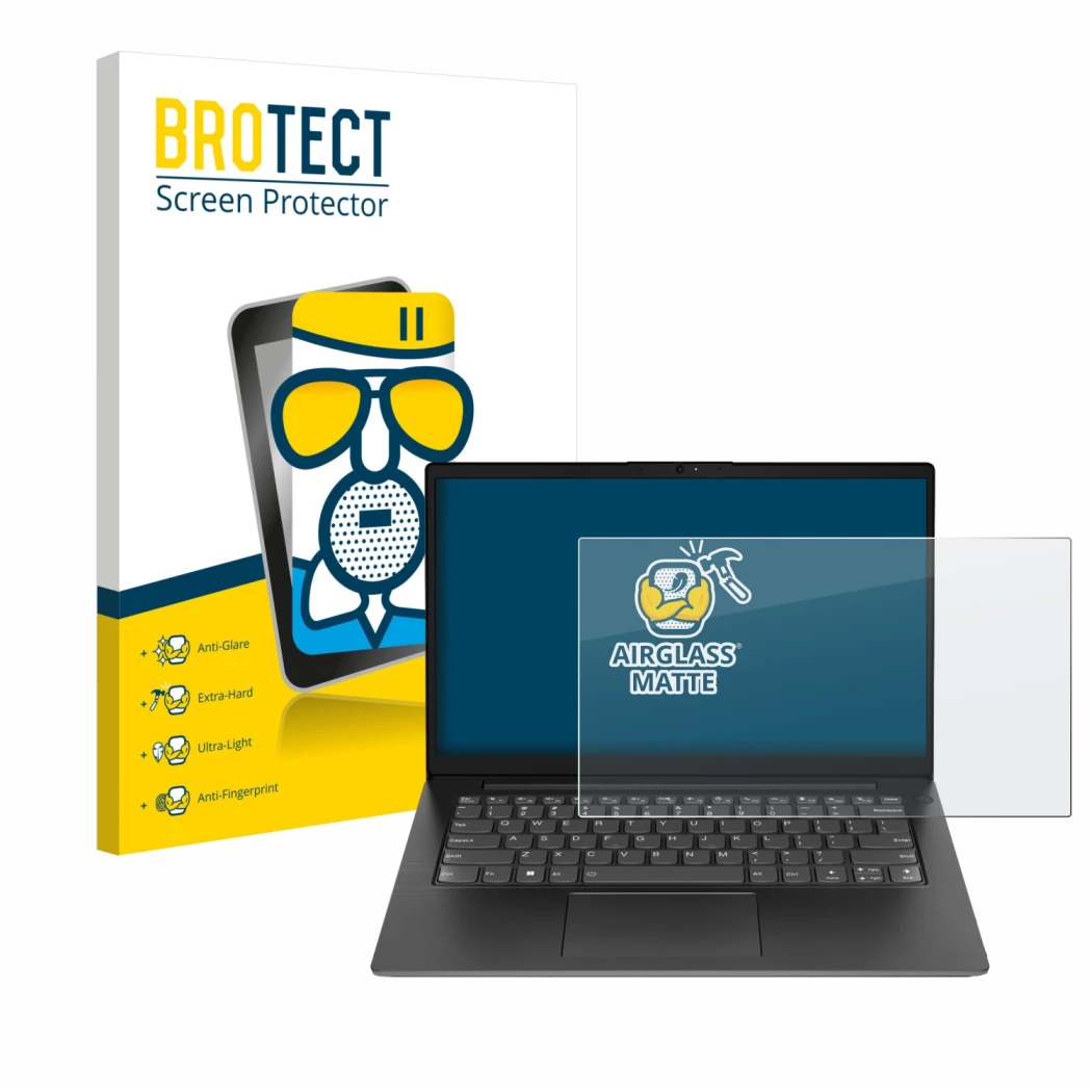 Face avant d’un emballage produit avec le logo de la marque BROTECT. À côté, l’appareil Lenovo V14 Gen 3 est représenté avec l