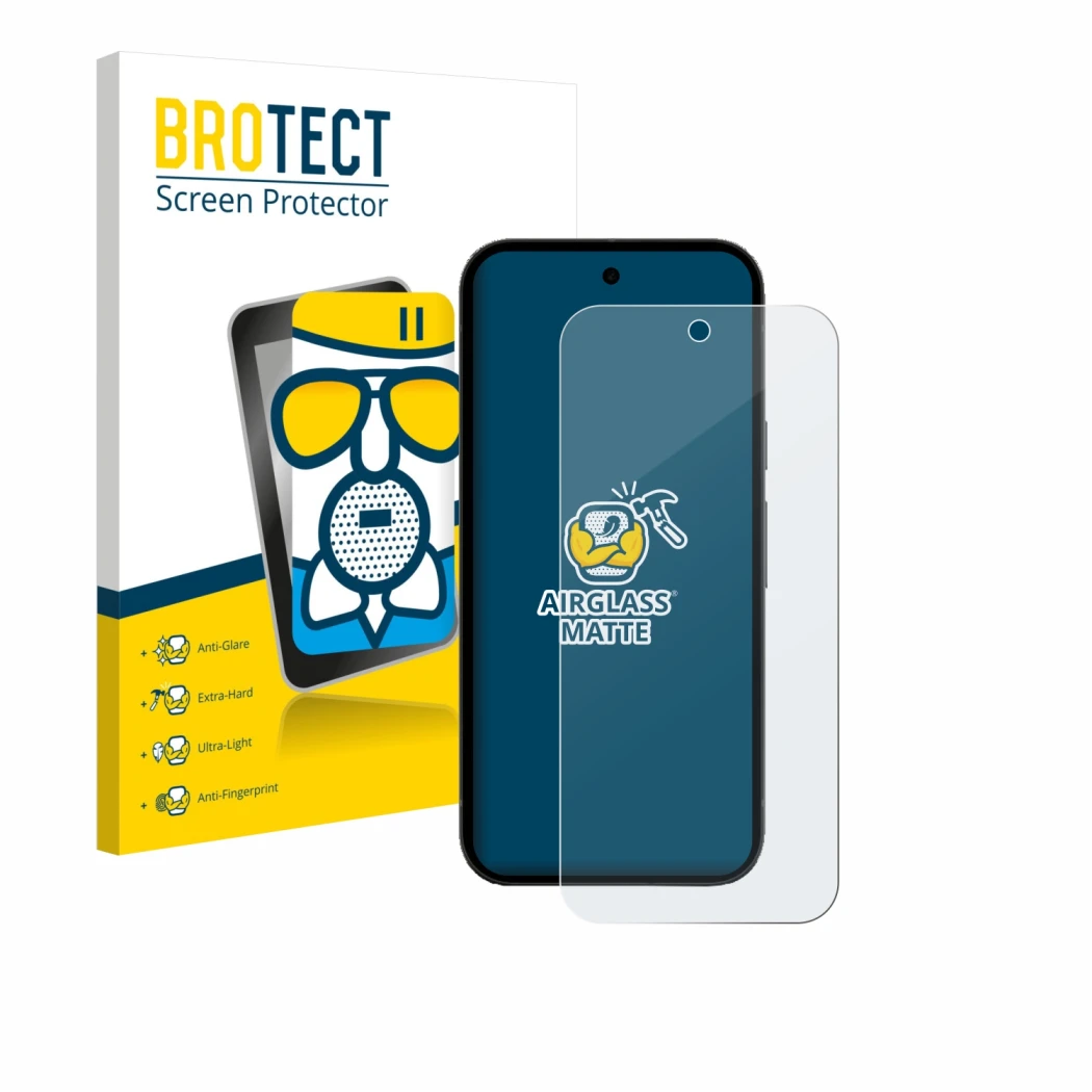 Face avant d’un emballage produit avec le logo de la marque BROTECT. À côté, l’appareil Google Pixel 10a (case-friendly) est r