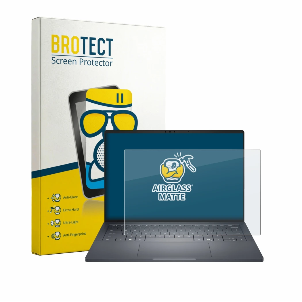 Face avant d’un emballage produit avec le logo de la marque BROTECT. À côté, l’appareil Dell Pro Max 14 Premium est représenté