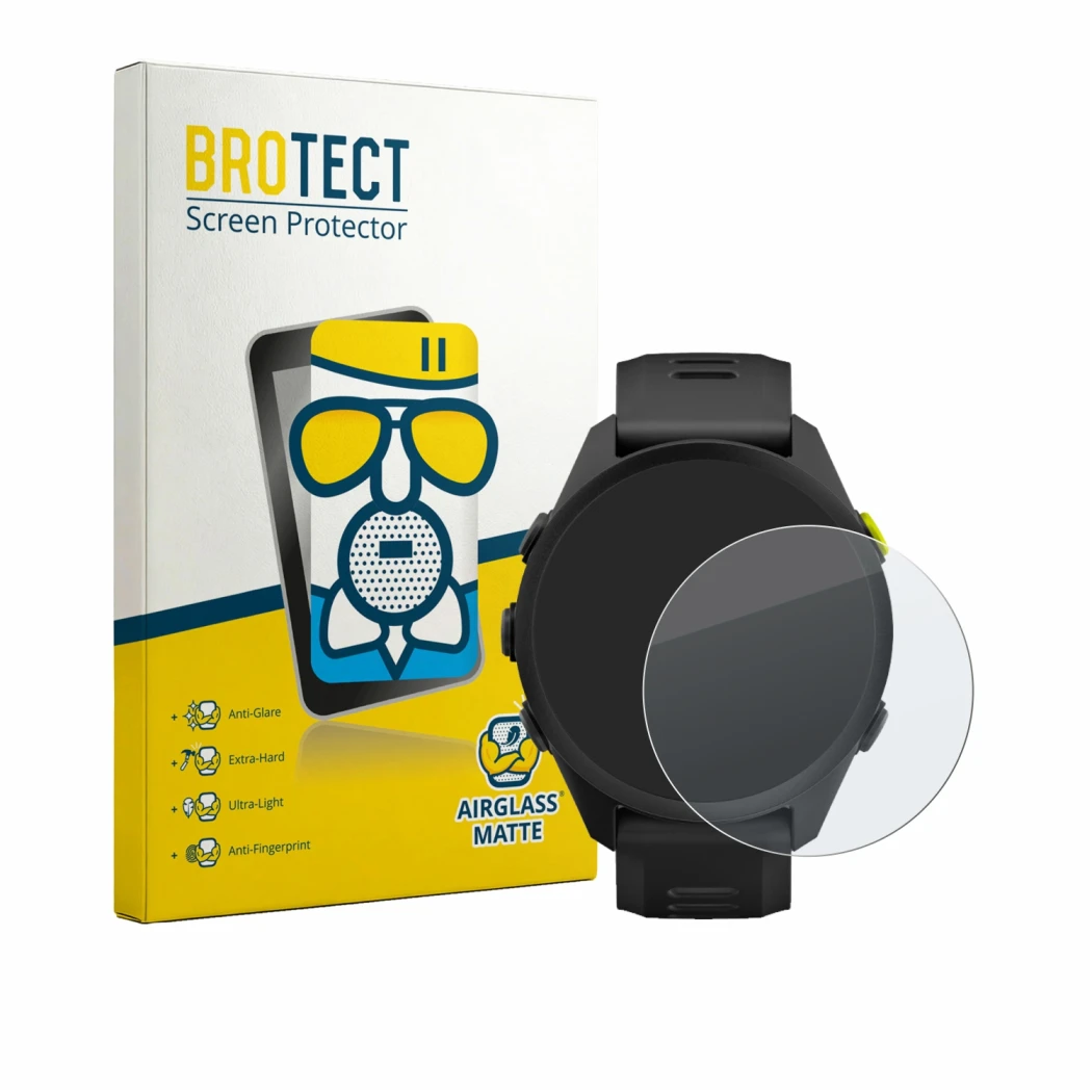 Face avant d’un emballage produit avec le logo de la marque BROTECT. À côté, l’appareil Garmin Forerunner 70 est représenté av