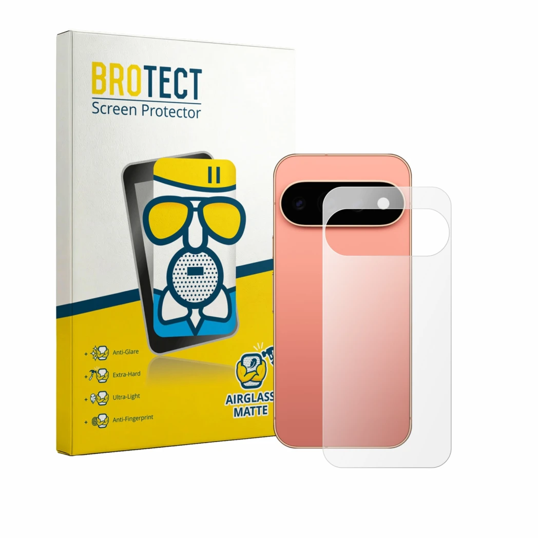 Face avant d’un emballage produit avec le logo de la marque BROTECT. À côté, l’appareil Google Pixel 11 Pro (Arrière) est repr