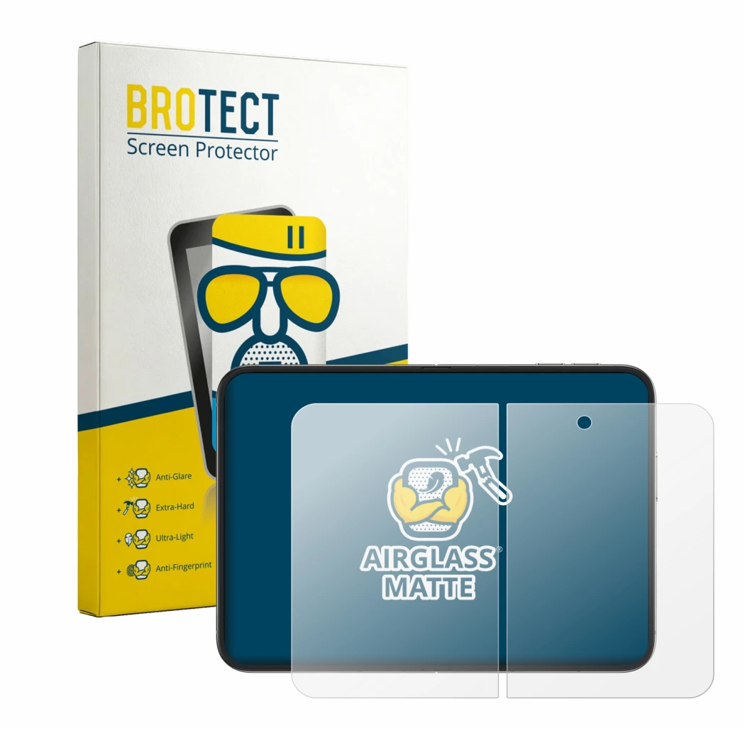 Face avant d’un emballage produit avec le logo de la marque BROTECT. À côté, l’appareil Apple iPhone Duo (Affichage interne) e