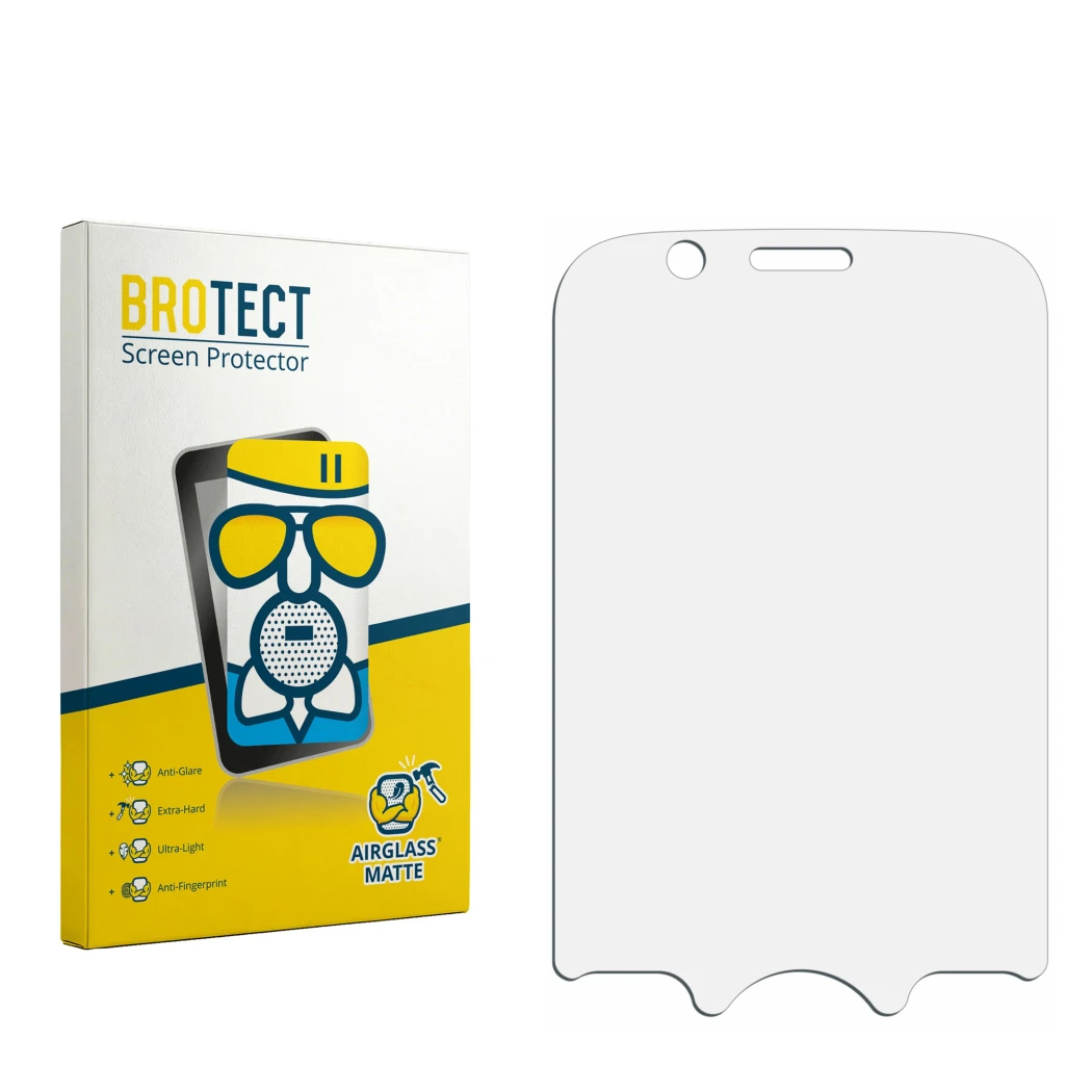 Face avant d’un emballage produit avec le logo de la marque BROTECT. À côté se trouve la protection d’écran correspondante.