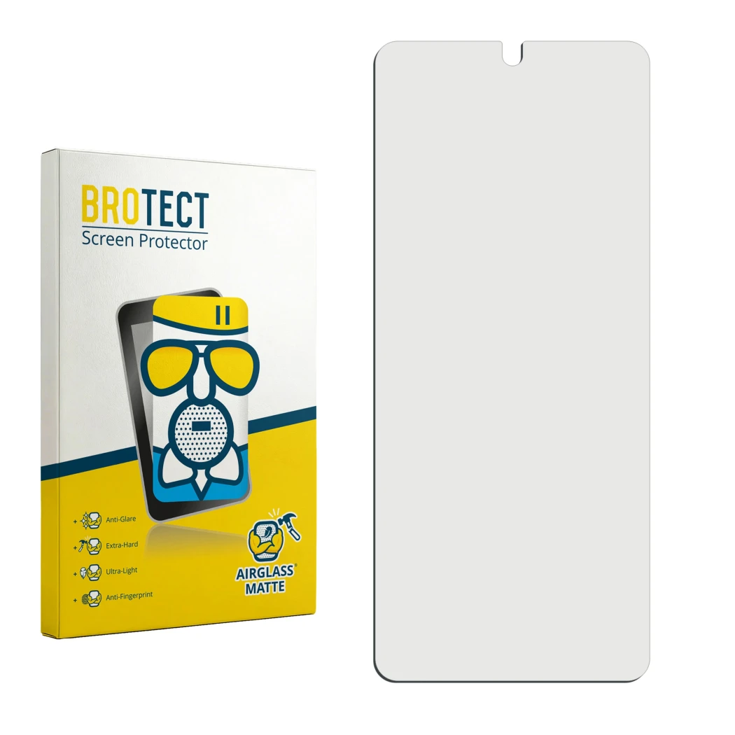 Face avant d’un emballage produit avec le logo de la marque BROTECT. À côté se trouve la protection d’écran correspondante.