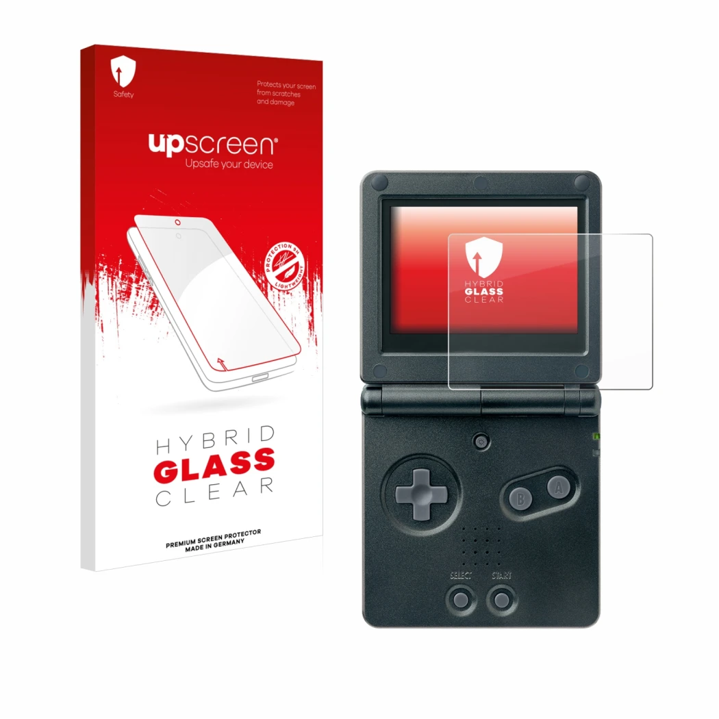 Face avant d’un emballage produit avec le logo de la marque upscreen. À côté, l’appareil Nintendo Gameboy Advance GBA SP est r