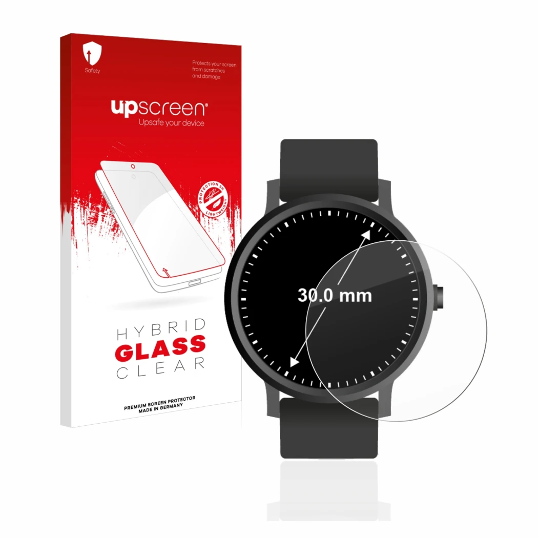 Face avant d’un emballage produit avec le logo de la marque upscreen. À côté, l’appareil Montres (Circulaire, ø: 30 mm) est re