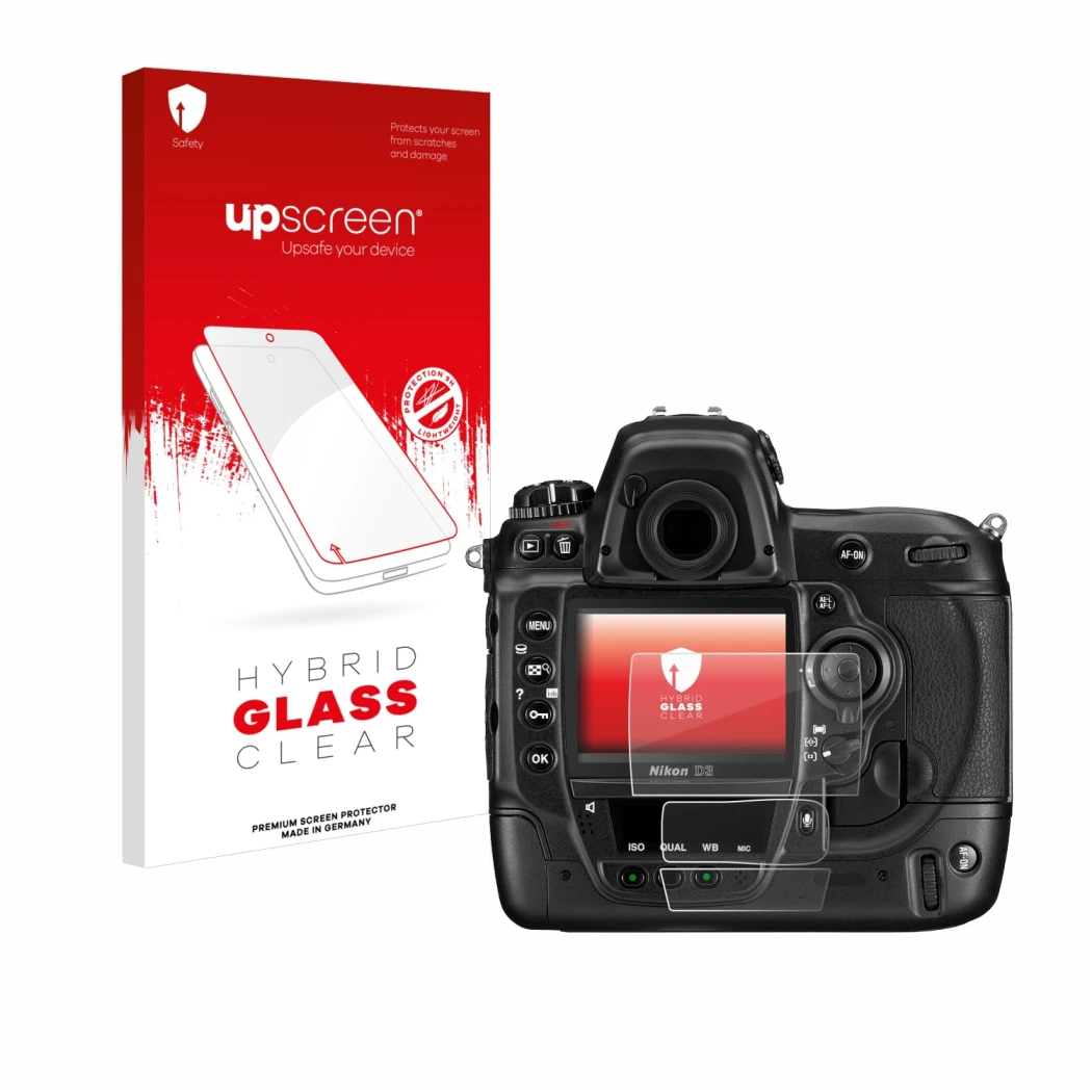 Face avant d’un emballage produit avec le logo de la marque upscreen. À côté, l’appareil Nikon D3 est représenté avec la prote