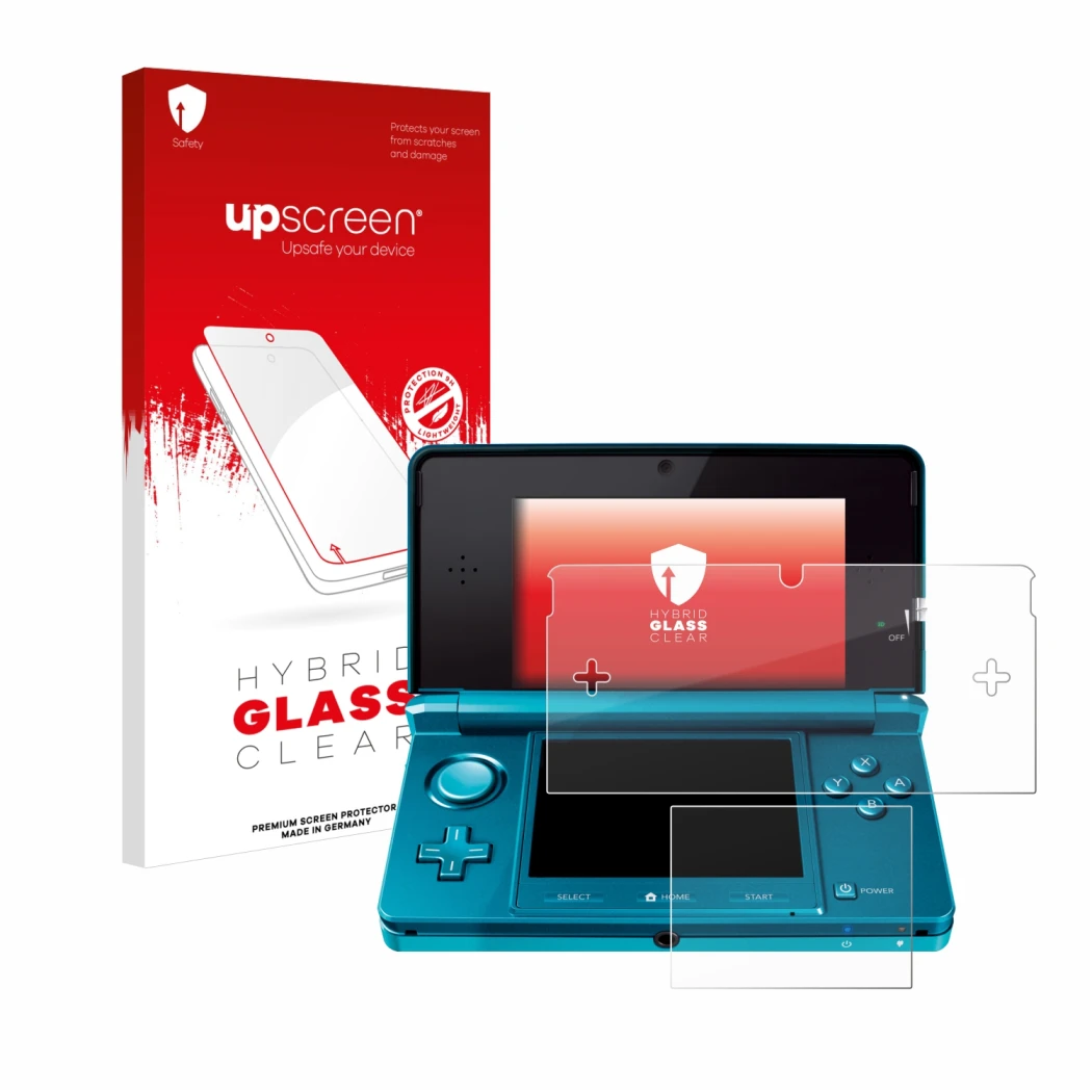 Face avant d’un emballage produit avec le logo de la marque upscreen. À côté, l’appareil Nintendo 3DS est représenté avec la p