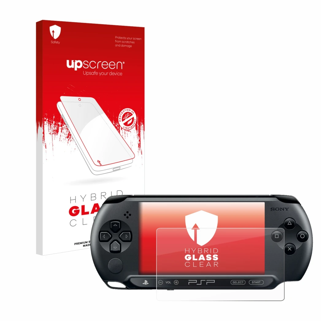 Face avant d’un emballage produit avec le logo de la marque upscreen. À côté, l’appareil Sony PSP 1004 est représenté avec la